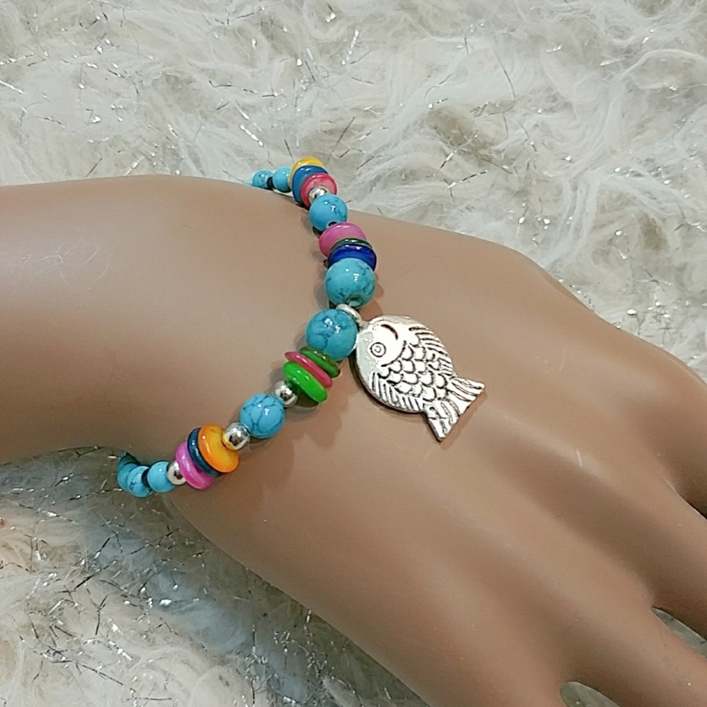 Colorful Beaded Fish Charm Bracelet